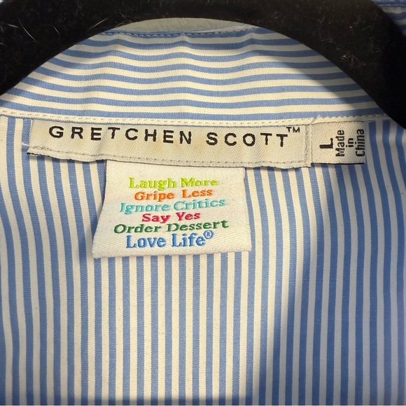 Gretchen Scott Blue White Striped Button Down Shirt 3/4 Ruffled Cuff Sleeves - Picture 3 of 5